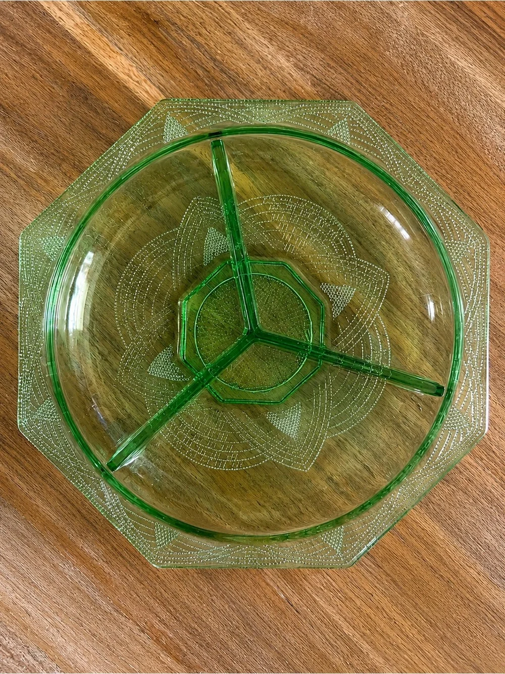 Vintage Green Glass Divided Serving Dish 11” Celtic Knot Style